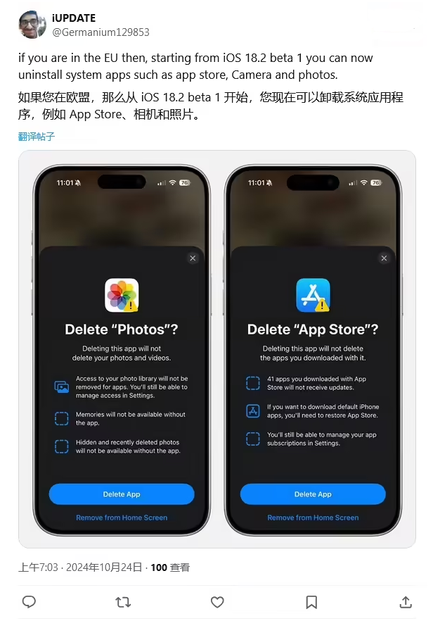 龙华苹果手机维修分享iOS 18.2 支持删除 App Store 应用商店 