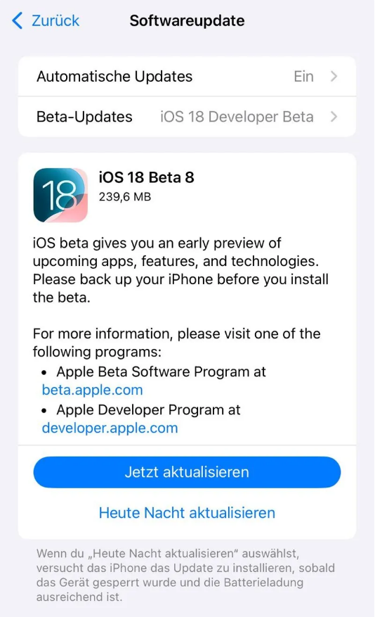 龙华苹果手机维修分享苹果 iOS / iPadOS 18 开发者预览版 Beta 8 发布 